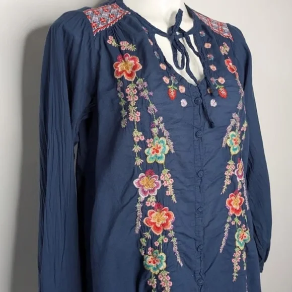 Johnny Was Alaura heavily embroidered tie neck blouse NWT